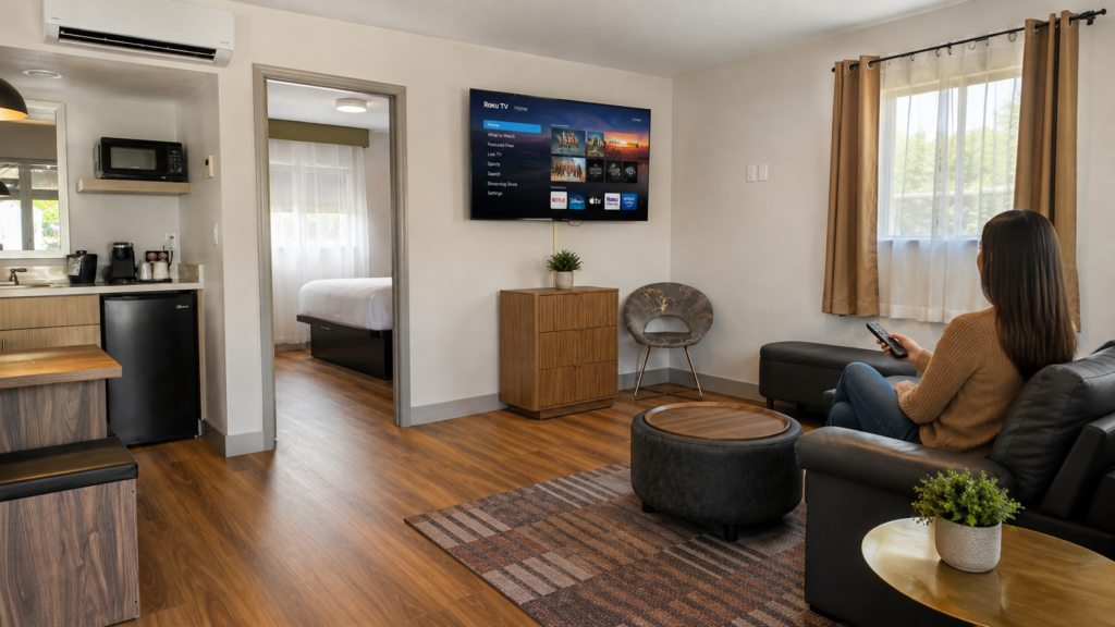 Smart TV with streaming apps in the living room of the Sedona View King Suite
