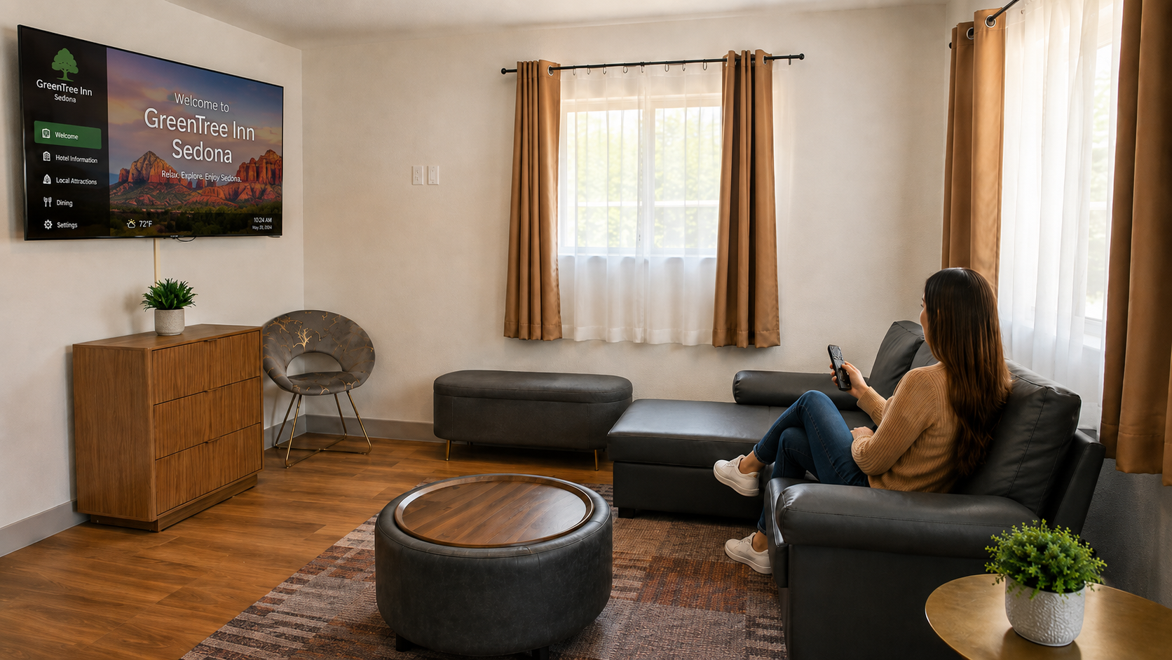 Guest relaxing on the sofa in the living room of the Sedona View King Suite