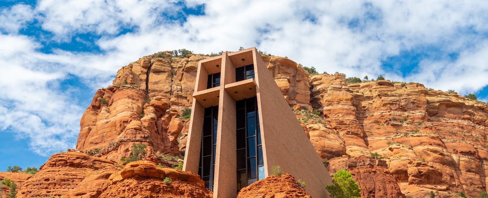 The Chapel of the Holy Cross built into the red rock in Sedona, best photographed in afternoon light