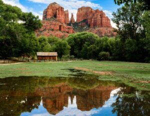 Sedona sunset light on Cathedral Rock, reflected in Oak Creek at Red Rock Crossing
