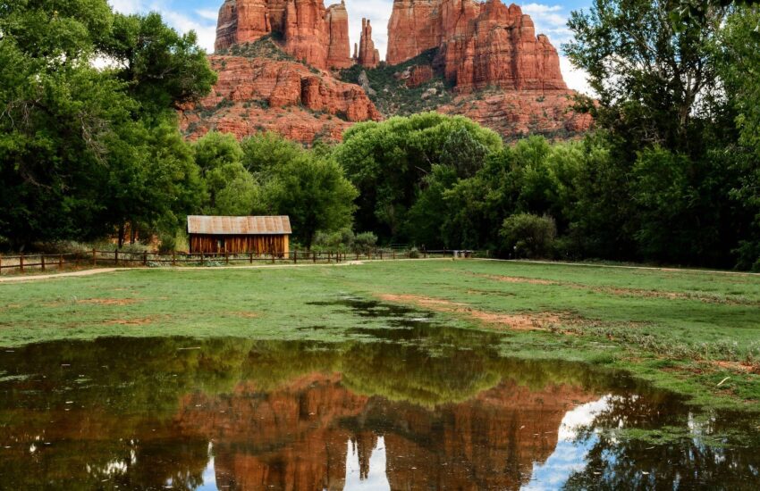 Sedona sunset light on Cathedral Rock, reflected in Oak Creek at Red Rock Crossing